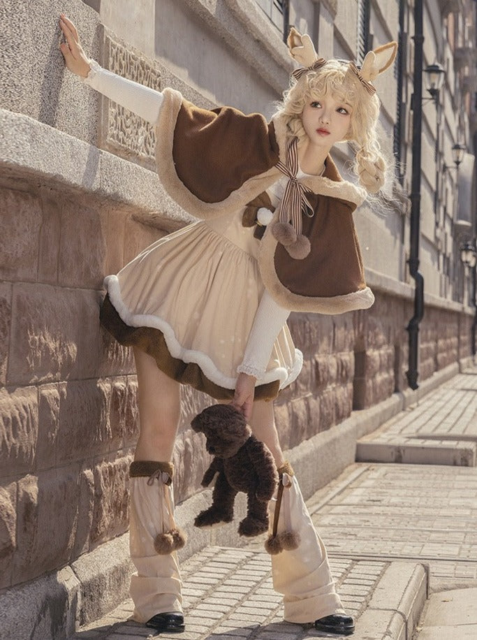 Brown Fur Cape + Fur Suspender Skirt + Leg Warmers