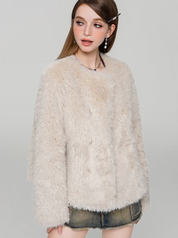 High-end collarless fur jacket