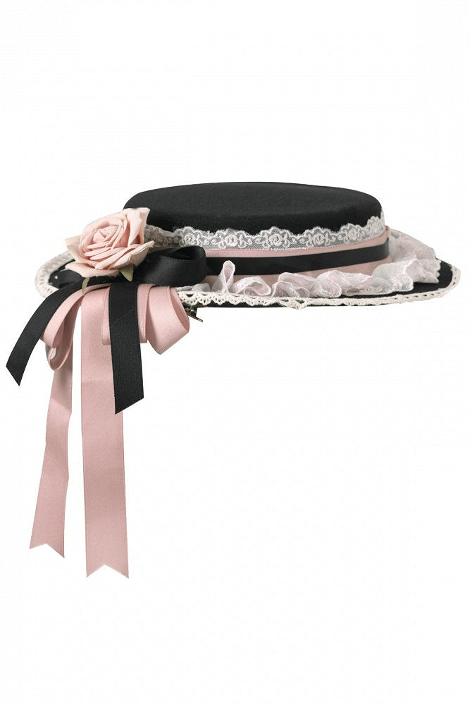 【10月10日予約締切】Black Pink Romantic Rose Castle Classic Lolita Series Accessories(Rose Ribbon Lace Hat + Ribbon Hair Clip)