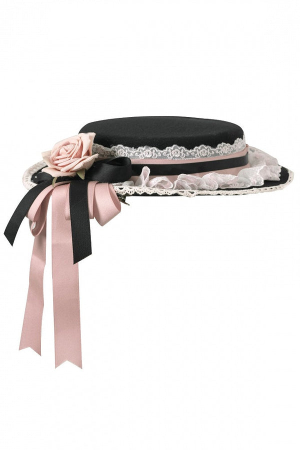 【10月10日予約締切】Black Pink Romantic Rose Castle Classic Lolita Series Accessories(Rose Ribbon Lace Hat + Ribbon Hair Clip)