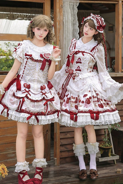 【11月4日予約締切】Strawberry Print Sweet Lolita Lace Bow JSK Dress + Puff Sleeve Lace Bow Doll Dress with Bone Embroidery Apron