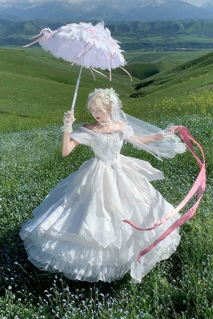 【10月28日予約締切】White Butterfly Gothic Lolita Puff Sleeve Dress Top + Layered Ruffle Asymmetrical Hem Skirt Set (With Chest Brooch + Waist Brooch)
