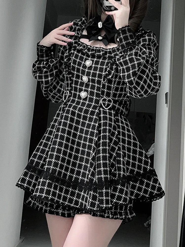 【12月18日予約締切】ジュエルリボンカラーレースチェックホワイトブラックドレスセットアップ