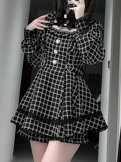 【12月18日予約締切】ジュエルリボンカラーレースチェックホワイトブラックドレスセットアップ