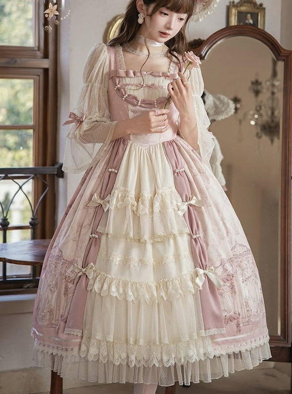 [Pre-order Deadline: April 26] Rococo Antique Lace Tiered Ribbon Pink Lolita Dress + Bonnet
