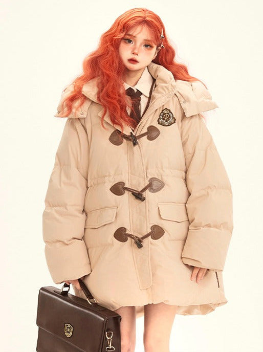 College Style Loose Horn Button Padded Down Jacket