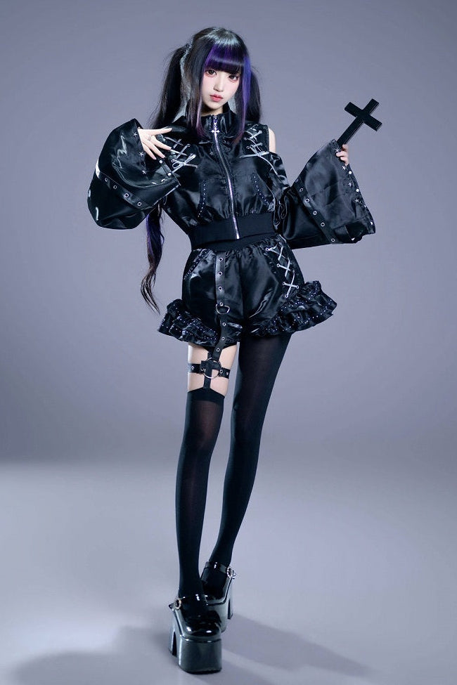 [Vorbestellungsartikel] Glänzende und mattschwarze Gothic-Cyber-Katzenohren-Kapuzenjacke mit freien Schultern und Reißverschluss+kurze Hose mit Beinringen im Set