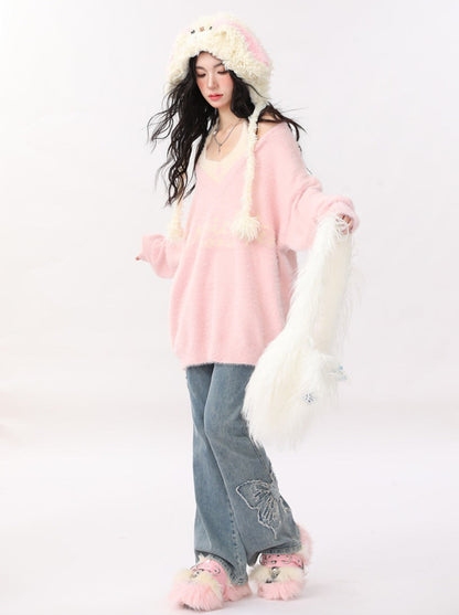 Soft Loose V-Neck Sweet Lazy Style Faux Two Piece Knit Sweater