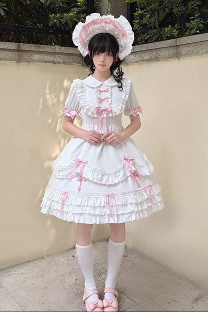 【10月4日予約締切】Blue & White / Pink & White Gothic-Inspired Sweet Lolita Ribbon Ruffle Dress＋Cross Embroidery Ribbon Cape