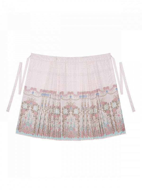 【10月10日予約締切】Black Pink Romantic Rose Castle Classic Lolita Bustier Top( with 3 ribbon accessories)＋ Castle Print Pleated Skirt