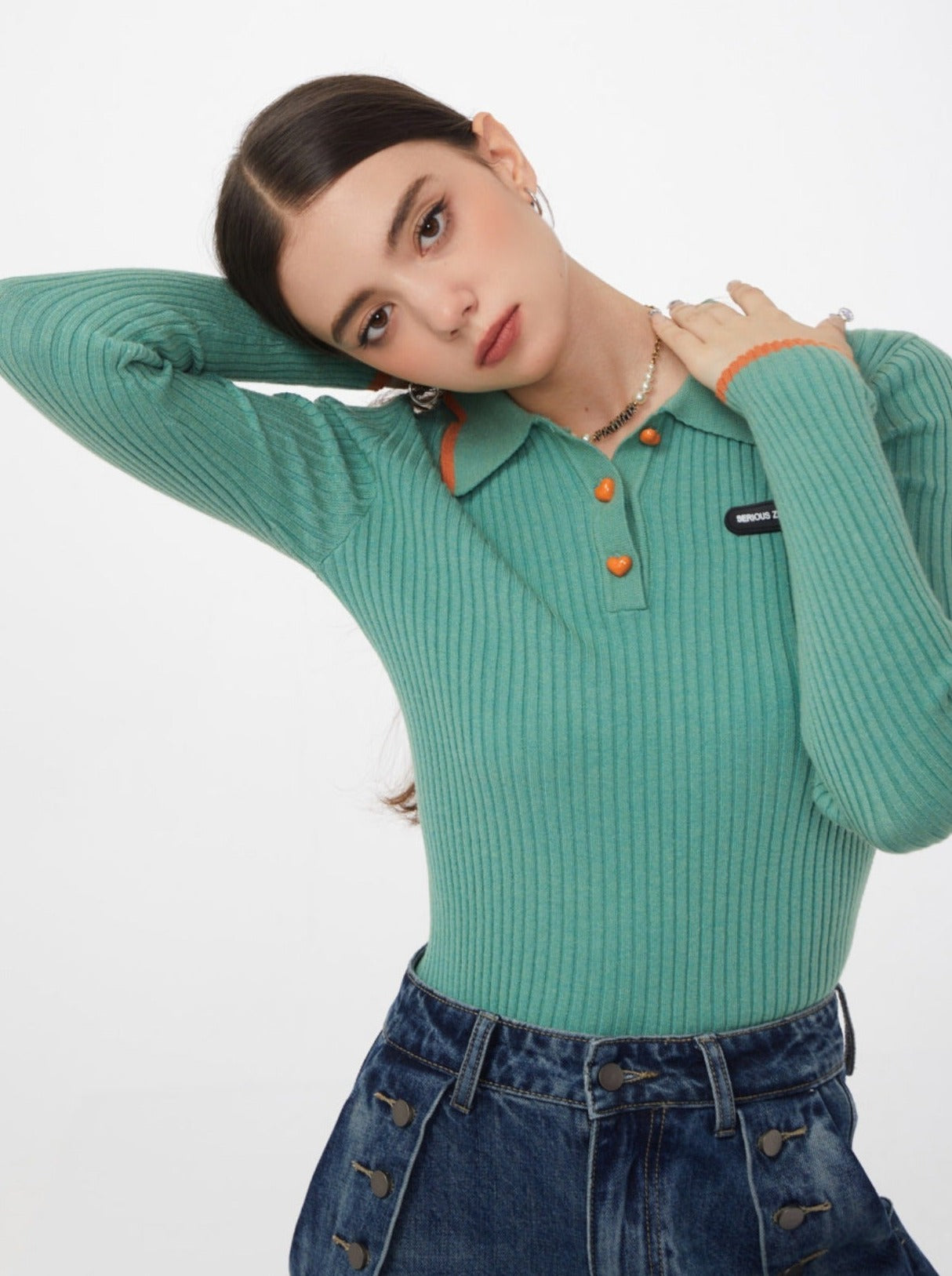 Slim American Retro Polo Collar Ribbed Top