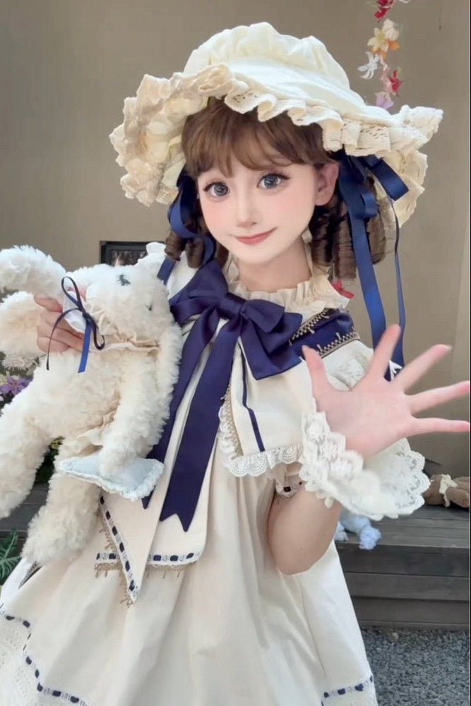 【9月19日予約締切】Pink x Beige / Dark Blue x Beige Doll Style Sweet Lolita Bow Lace Puff Sleeve Dress + Dress Set + Full Set
