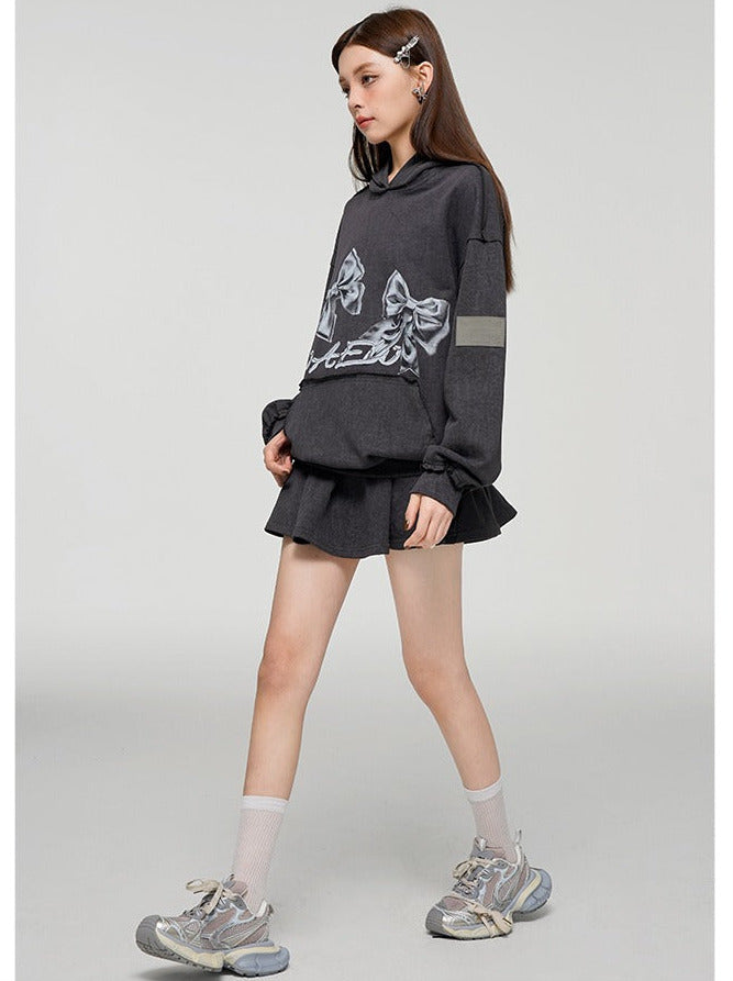 Ribbon Print Loose Sweatshirt Hoodie + Skirt