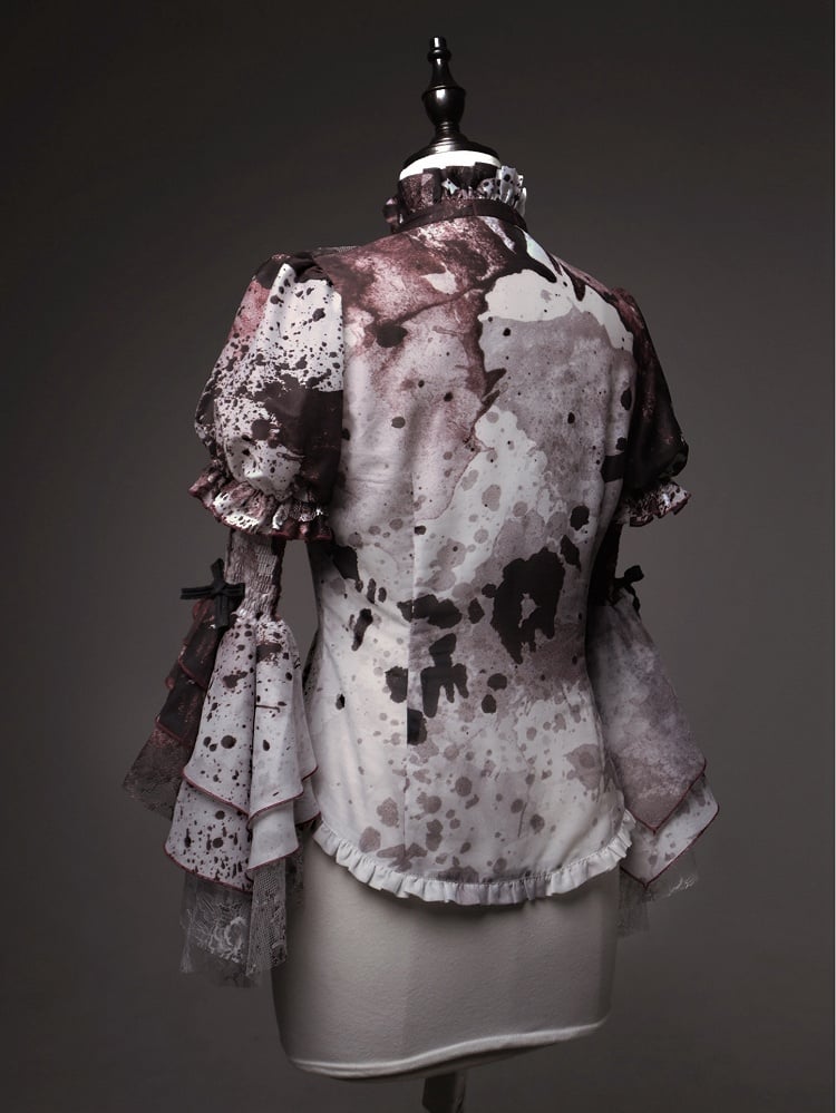 【12月10日予約締切】Bloodstainedプリントフリルスタンドカラー姫袖シャツ