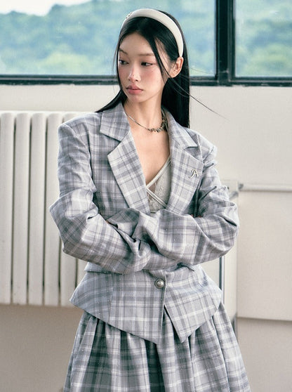 Diamond Check Waist Blazer + Short Skirt + Long Skirt