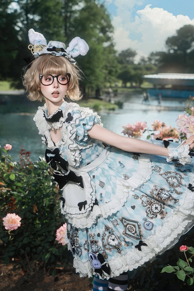 [Reservierungsschluss 30. Juni] Blaue x weiße Alice-im-Wunderland Sweet-Lolita-Accessoires-Serie (Hasenohren-Hut, Hasenohren-Haarreif, Halsband, Taschenuhr-Brosche, rückseitige Schleppen-Schleife, Handgelenkstulpen)