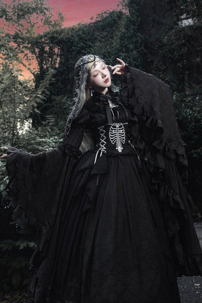 【11月2日予約締切】Born Nocturne Black Gothic Puff Sleeve Lace Layered Long Dress (with Bow Tie) + Embroidered Corset Belt + Detachable Oversized Bell Sleeves