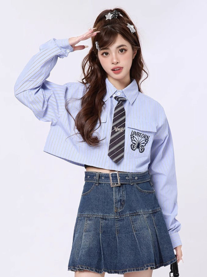 College Style Butterfly Embroidery Short Shirt