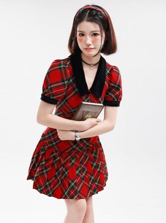 French Red check college dress