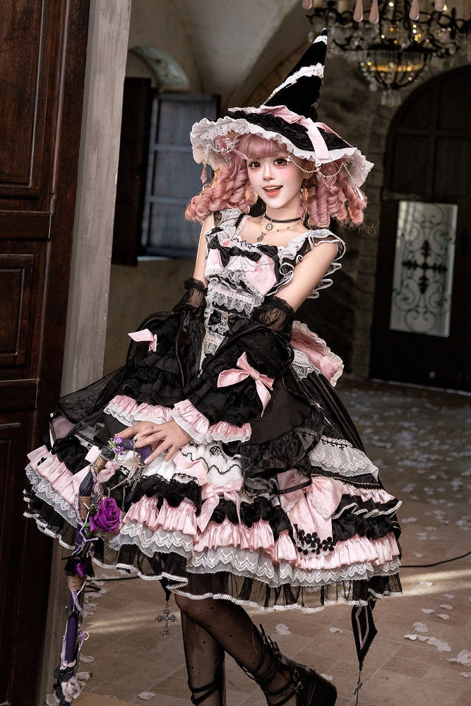 [Date limite de précommande : 14 septembre] Ensemble complet Gothic Black Pink Witch : robe JSK à croix + grande traîne à nœud + cape à capuche + manches amovibles + chapeau de sorcière + manches extérieures