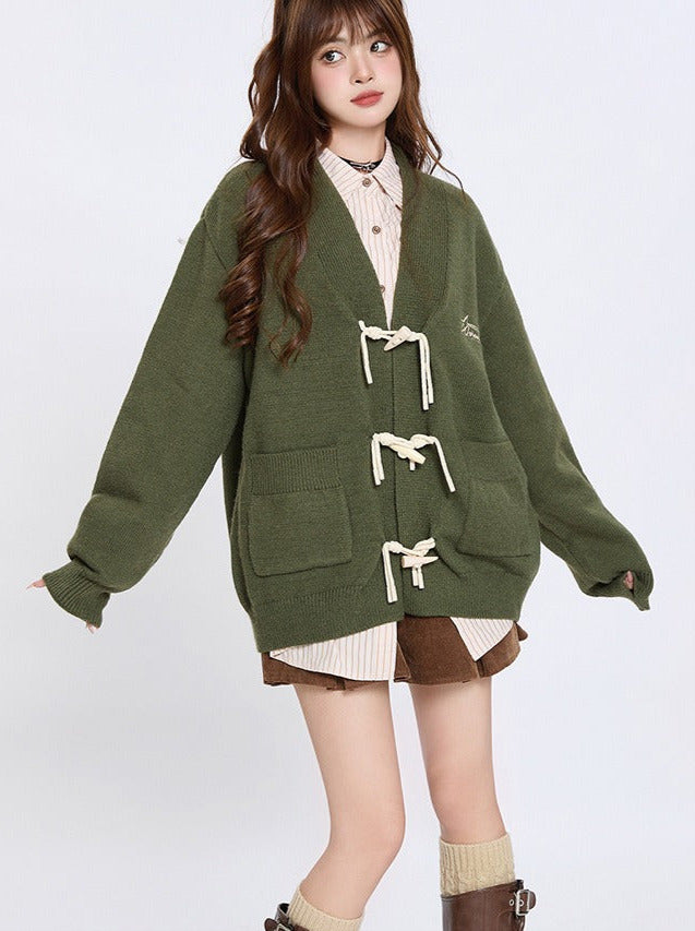 Retro horn button design loose knit cardigan + shirt + skirt