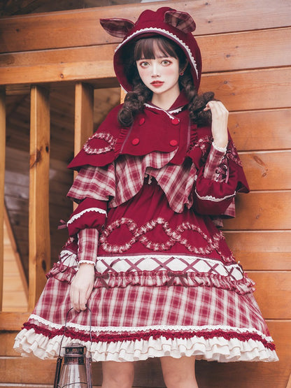 Check Ribbon Lace-up Lantern Sleeve Tiered Dress + Wolf Ear Hoodie Check Layered Cape Coat [Little Red Riding Hood Coordination]