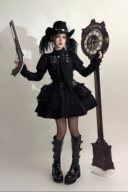 [Scadenza prenotazioni 6 novembre] Abito da bambola steampunk marrone x gothic mode nero con fibbia, collo alto e maniche lunghe a sbuffo