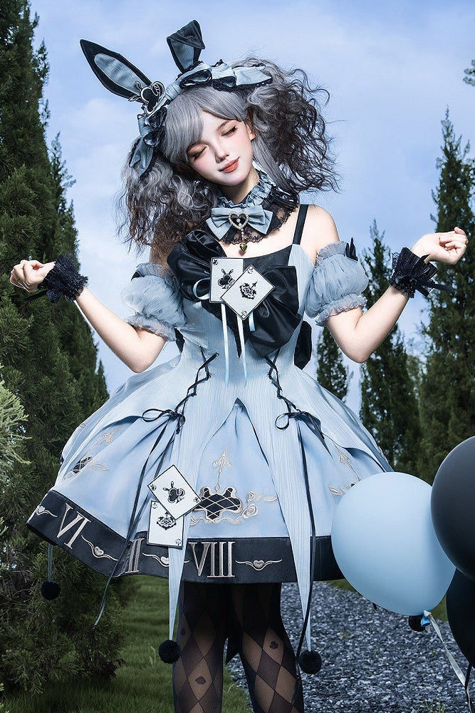 [Reservierungsschluss 10. Juli] Blau-schwarzes Alice-Gothic-Lolita-Komplettset mit Hasenohren-Haarreif und Kleid