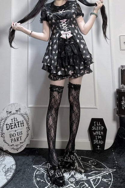 【9月2日予約締切】Black Pink Floral Layered Lace Dress＋Matching Shorts ＋ Bow Hairclips ＋ Bow Tie[Full set]