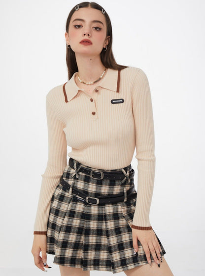 Slim American Retro Polo Collar Ribbed Top