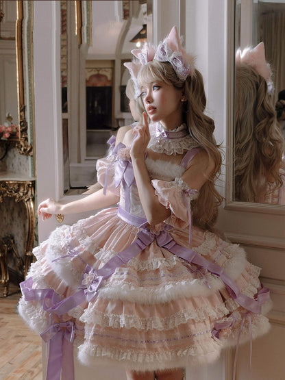 【12月26日予約締切】キャットファンタジーピンクパープルファーリボンティアードドレス＋猫耳ヘッドKC＋レースチョーカー