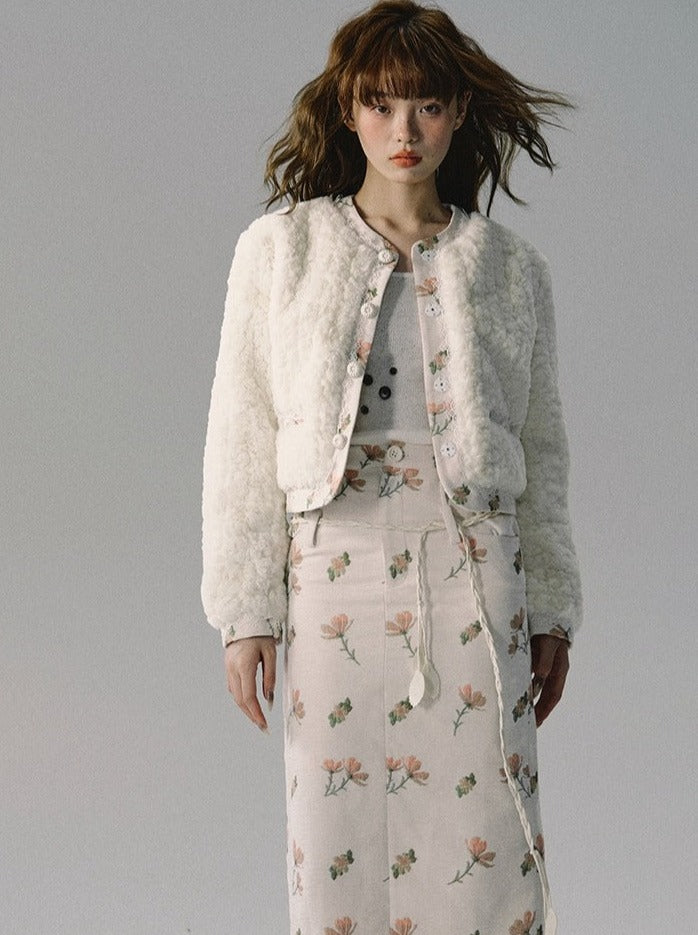 Mokomoko Fur Flower Jacquard Round Neck Wool Jacket