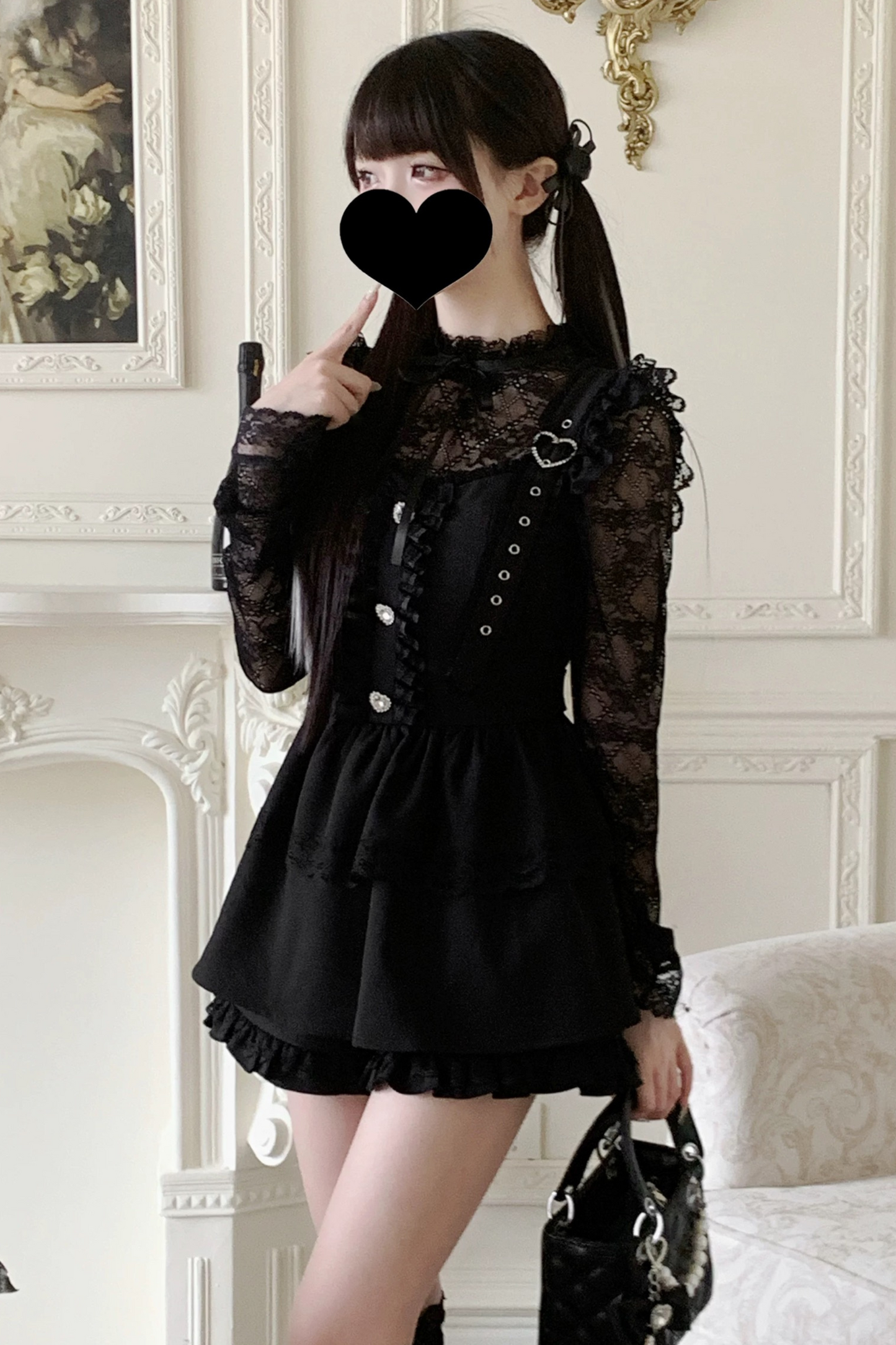 Pure suspender skirt+lace tops+frill pants