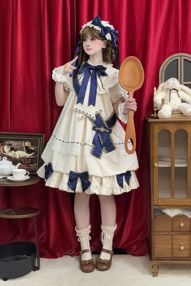 【9月19日予約締切】Pink x Beige / Dark Blue x Beige Doll Style Sweet Lolita Bow Lace Puff Sleeve Dress + Dress Set + Full Set