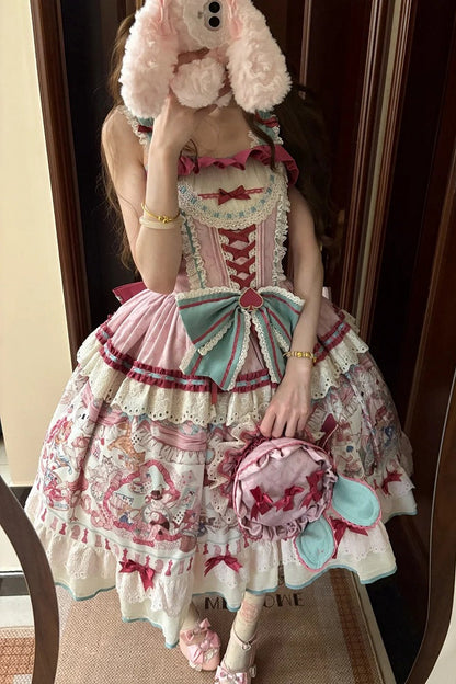 [Date limite de précommande : 1er juillet] Robe JSK sweet lolita rose x verte Alice Chat à nœud (avec surjupe en tulle à pois)