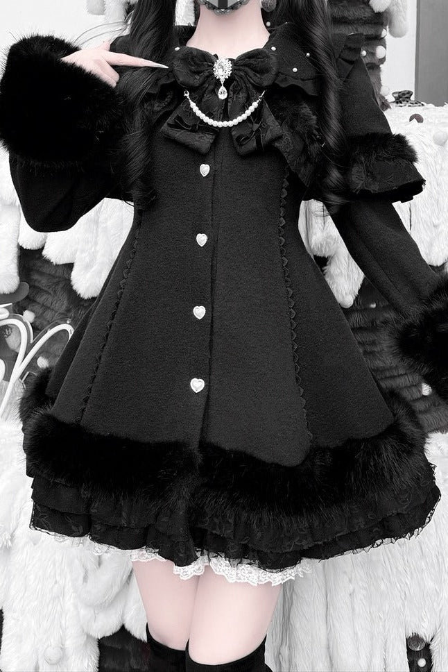 【11月13日予約締切】Black Pearl Bow-Tie Fur Coat With Detachable Cape And Fur Cuffs