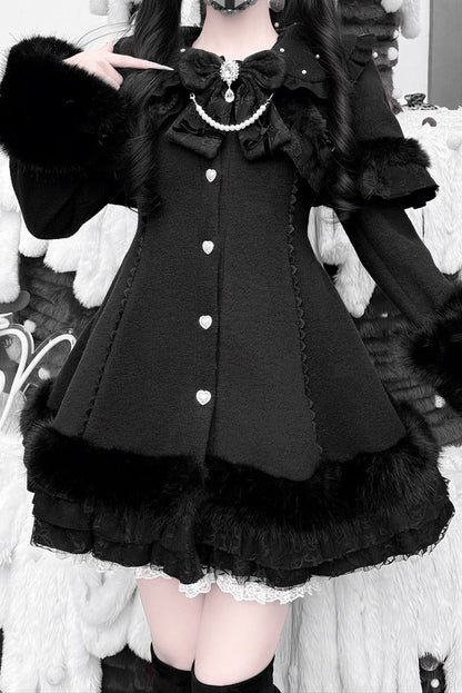 【11月13日予約締切】Black Pearl Bow-Tie Fur Coat With Detachable Cape And Fur Cuffs