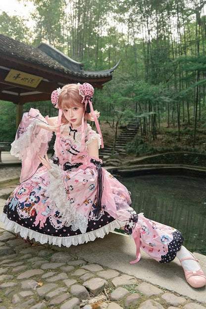 [Pre-order Deadline: October 25] Pink/Green Chinoiserie Lolita Sweet Panda Print Flutter Sleeve Lace Trim Dress + Detachable Flared Sleeves + Leg Covers
