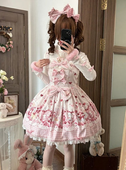 [Précommande jusqu'au 5 mai] Robe JSK à imprimé cerises roses, dentelle, ruban et tablier oreilles de lapin + accessoires