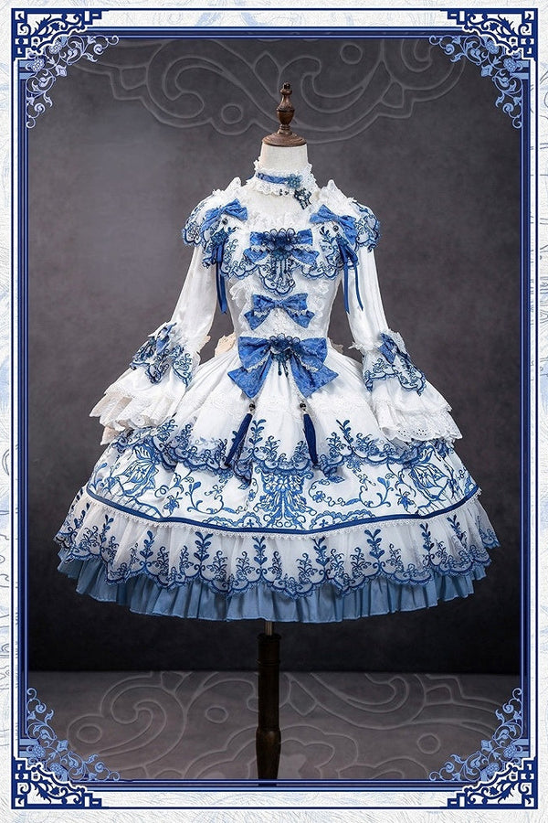 【8月18日予約締切】ブルーポーセリンエンブロイダリーレースロリータリボンドレス（ロング・ショート）＋ドレス購入者限定アクセサリー（ヘアクリップペア・チョーカー）
