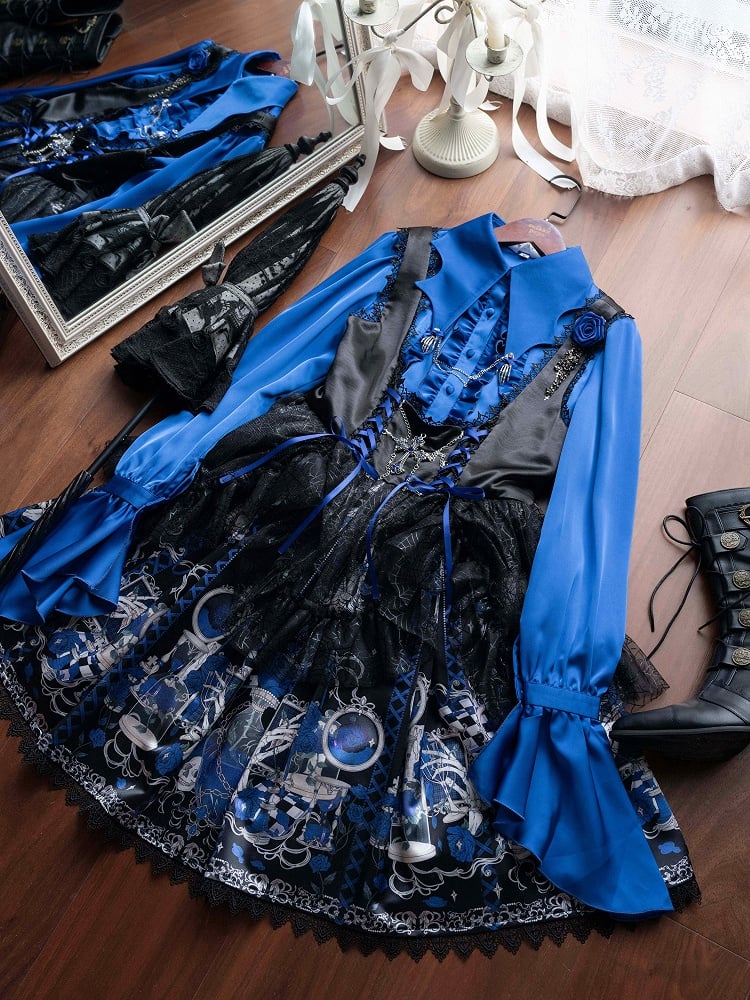 [Vorbestellfrist 19. Juni] Blau x Schwarz/Blau x Weiß Schädel-Rosen-Gothic-Lolita-Serie Accessoires (Haarband, Rosenbrosche, Schädel-Hand-Kettenclip)