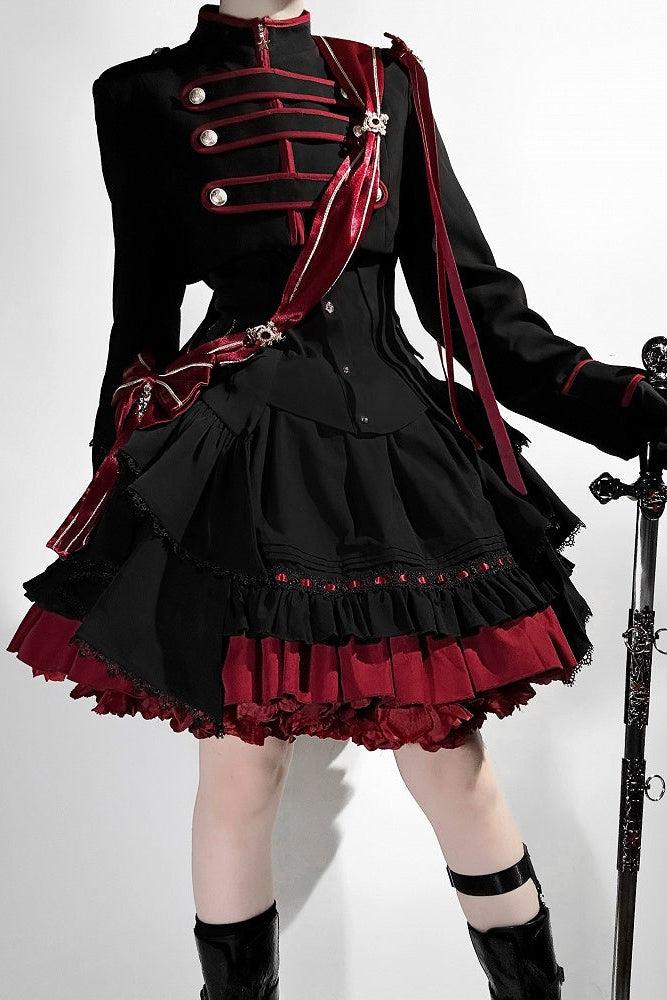 【9月13日予約締切】Black Red Military Ruffle Lolita Jacket (with epaulet bow) + Shirt + Short Skirt Set / Shorts Set + Complete set 1/2 (Officer cap + Leg covers + Sash)
