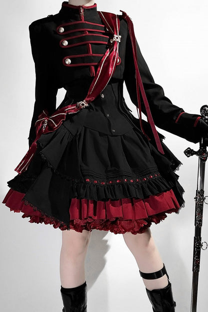 【9月13日予約締切】Black Red Military Ruffle Lolita Jacket (with epaulet bow) + Shirt + Short Skirt Set / Shorts Set + Complete set 1/2 (Officer cap + Leg covers + Sash)