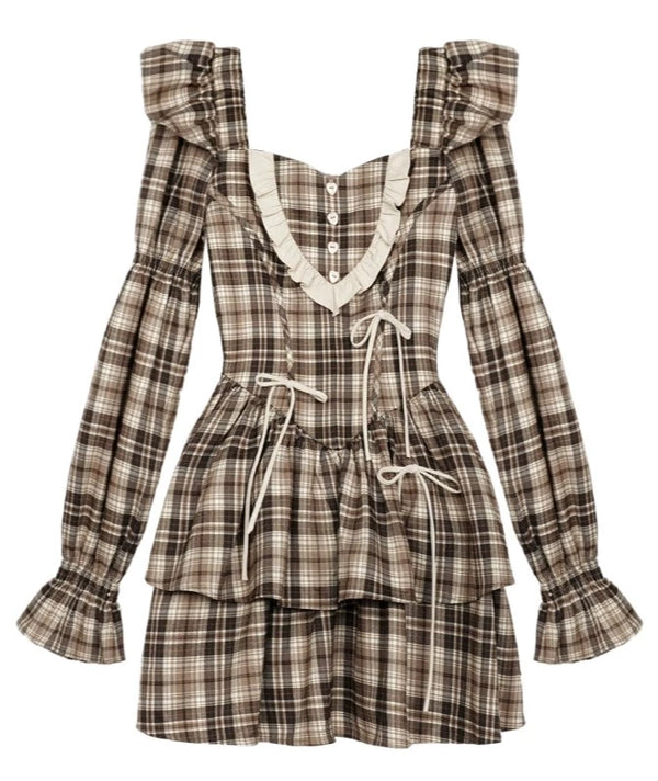 チェックフリルフライングスリーブワンピース