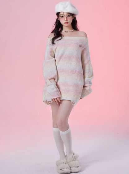 Rainbow Candy Off-Shoulder Wax Lazy Sweater