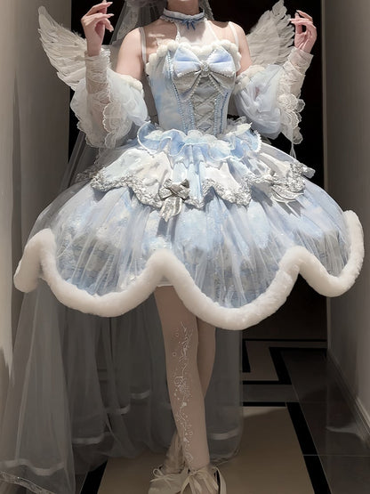 [Deadline for reservations: December 10] Snow Rabbit Ball Blue and Silver Halter Neck Fur Dress Complete Set