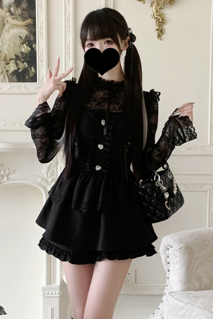 Pure suspender skirt+lace tops+frill pants