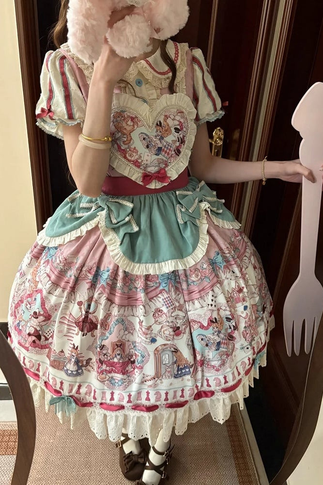 [Pre-order Deadline: July 1] Pink x Green Alice Cat Sweet Lolita Puff Sleeve OP Dress (with Ribbon Apron and Playing Card Motif Waist Belt)