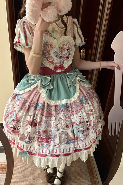 [Pre-order Deadline: July 1] Pink x Green Alice Cat Sweet Lolita Puff Sleeve OP Dress (with Ribbon Apron and Playing Card Motif Waist Belt)