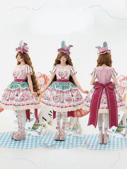 [Pre-order Deadline: July 1] Pink x Green Alice Cat Sweet Lolita Puff Sleeve OP Dress (with Ribbon Apron and Playing Card Motif Waist Belt)